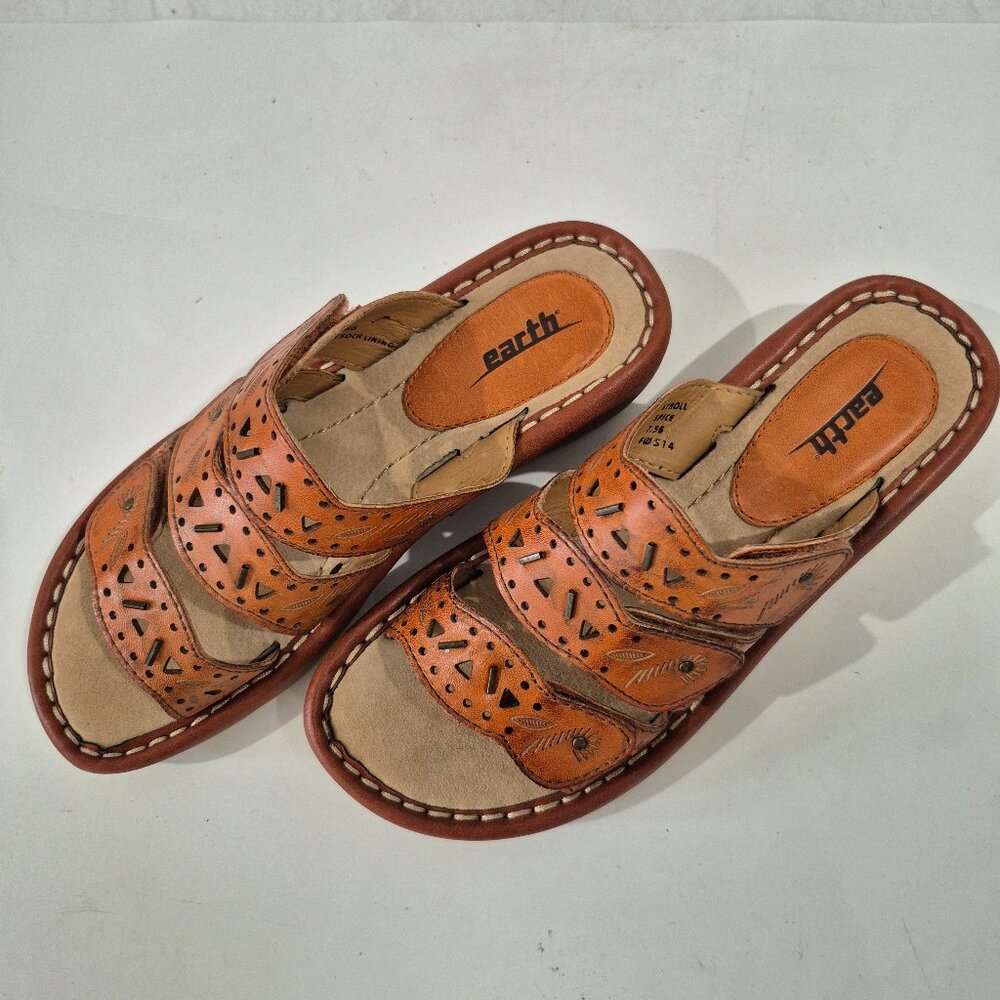 Earth Brand Womens  Stroll Bat Brown Leather Wedge Sandals size 7.5M New